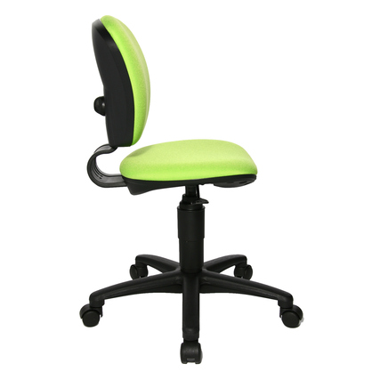 Seitenansicht eines apfelgrünen Kinderdrehstuhls mit verstellbarer Rückenlehne und Sitzhöhe.