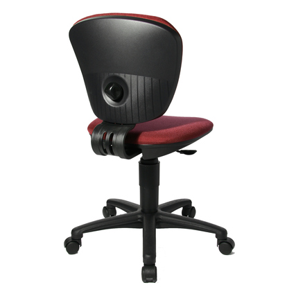 Rückansicht eines bordeauxfarbenen Kinderdrehstuhls mit ergonomischer Rückenlehne und Rollen.