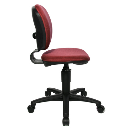 Bordeauxfarbener Kinderdrehstuhl mit verstellbarer Rückenlehne in seitlicher Ansicht.