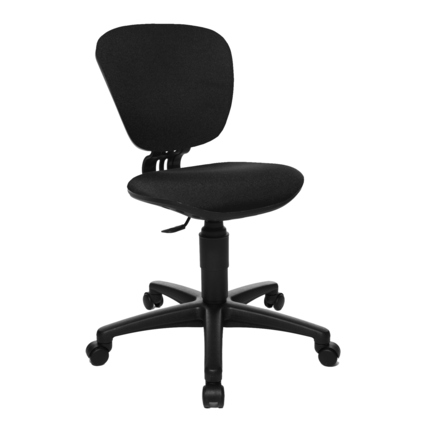 Schwarzer Kinderdrehstuhl mit ergonomisch geformter Rückenlehne und verstellbarem Sitz.
