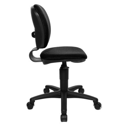 Schwarzer Kinderdrehstuhl mit ergonomischer Rückenlehne und stufenlos verstellbarem Sitz.