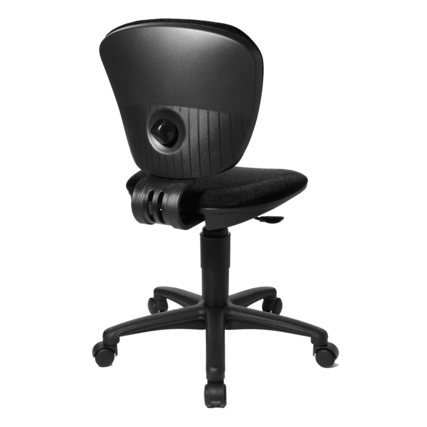 Schwarzer Kinderdrehstuhl mit ergonomischer Rückenlehne und verstellbarem Sitz, seitliche Ansicht.