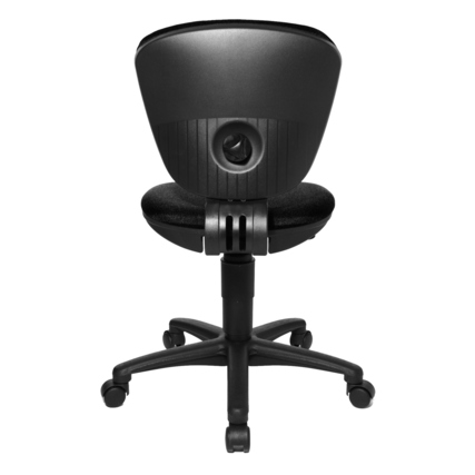 Schwarzer Kinderdrehstuhl mit ergonomisch geformter Rückenlehne und verstellbarem Sitzelement.