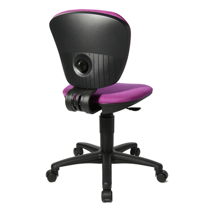 Lila Kinderdrehstuhl mit verstellbarer Rückenlehne und Fußkreuz, Seitenansicht.