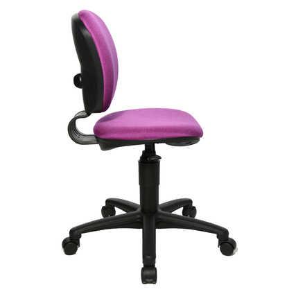 Lila Kinderdrehstuhl mit verstellbarer Rückenlehne und Sitzhöhe, seitliche Ansicht.