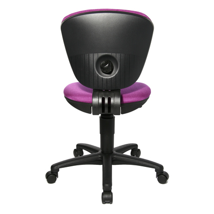 Rückansicht eines lila Kinderdrehstuhls mit ergonomischer Rückenlehne und verstellbarem Fußkreuz.