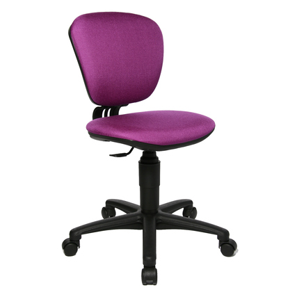 Lila Kinderdrehstuhl mit ergonomischer Rückenlehne und Sicherheitsrollen, seitliche Ansicht.