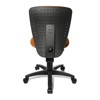 Rückansicht eines orangen Kinderdrehstuhls mit ergonomischer Rückenlehne und stabilen Rollen.