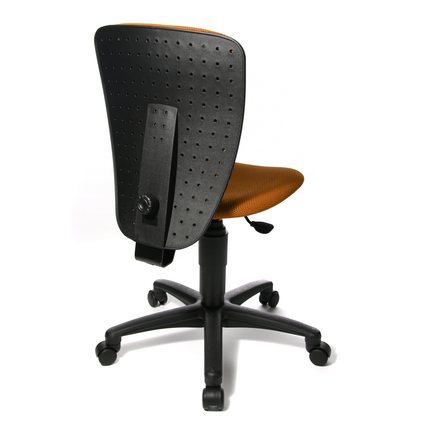 Drehstuhl mit ergonomischer Rückenlehne und gepolstertem Sitz in orange, Rückansicht.