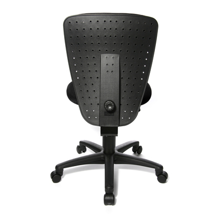 Rückansicht eines schwarzen Kinderdrehstuhls mit ergonomischer Rückenlehne und Rollen.