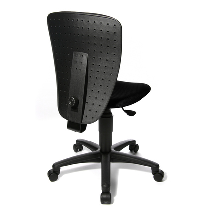 Schwarzer Kinderdrehstuhl mit ergonomischer Rückenlehne und stufenloser Höhenverstellung.