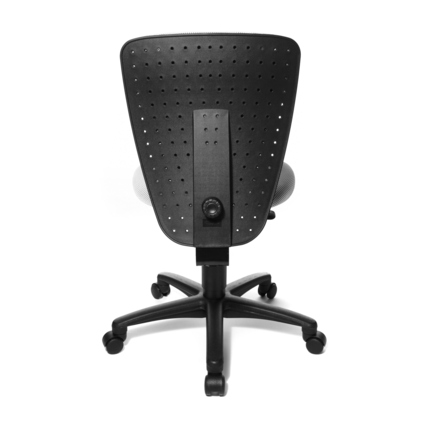 Rückansicht eines weißen Kinderdrehstuhls mit ergonomischer Rückenlehne und stabilen Rollen.