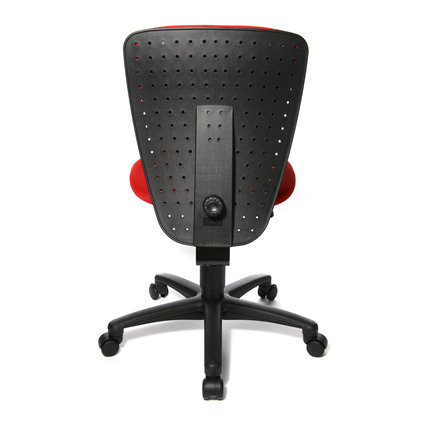Rückansicht eines roten Kinderdrehstuhls mit ergonomischer Rückenlehne und stabilen Rollen.
