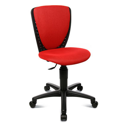 Roter Kinderdrehstuhl mit ergonomischer Rückenlehne und verstellbarem Sitz.