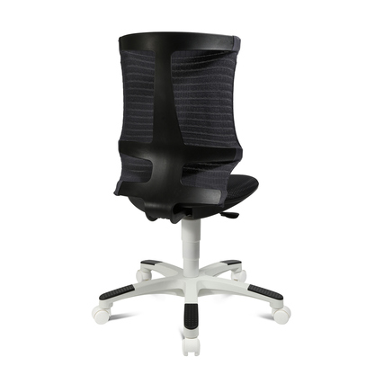 Rückansicht eines schwarzen, ergonomischen Kinderdrehstuhls mit weißem Fußkreuz.