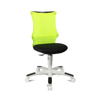 Schwarzer und gelber Kinderdrehstuhl mit ergonomischer Rückenlehne und verstellbarer Sitzhöhe.