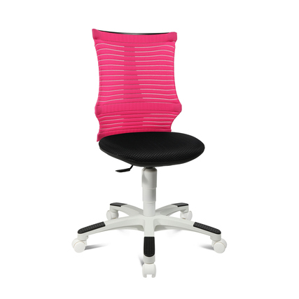 Kinderdrehstuhl mit ergonomischer Rückenlehne in Schwarz-Rosa und stabilem weißen Fußkreuz.