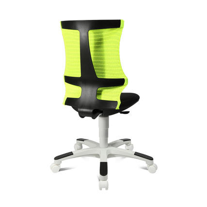 Schwarzer Kinderdrehstuhl mit gelber Rückenlehne in Rückenansicht auf weißem Fußkreuz.