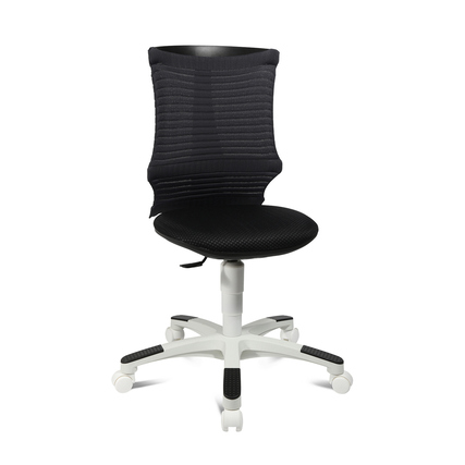 Drehstuhl für Kinder mit ergonomischer Rückenlehne und verstellbarem Sitz in Schwarz und Weiß.