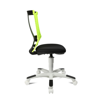 Schwarz-gelber Kinderdrehstuhl mit Rückenlehne und stabilem weißen Fußkreuz, seitliche Ansicht.