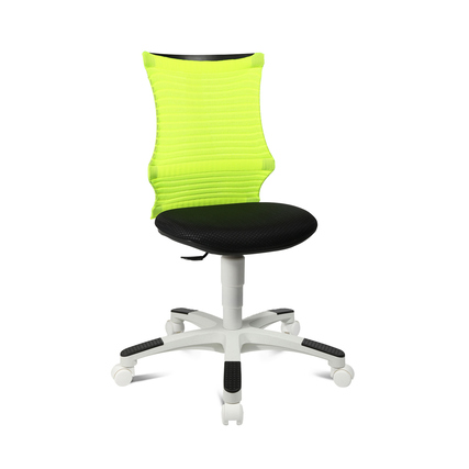 Schwarzer Kinderdrehstuhl mit gelber, ergonomischer Rückenlehne und weißem Fußkreuz.