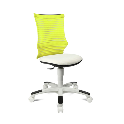 Kinderdrehstuhl mit ergonomischer Rückenlehne in Gelb und weißem Sitz, drehbar auf einem Füßkreuz.