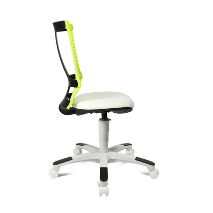 Kinder-Drehstuhl in Weiß mit gelber Rückenlehne, seitliche Ansicht, ergonomische Form.