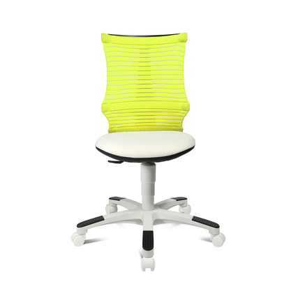 Weißer Kinderdrehstuhl mit gelber Rückenlehne und ergonomischem Design.