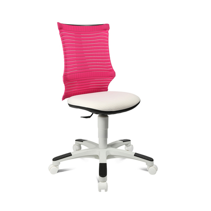 Kinderdrehstuhl in Weiß mit rosa Rückenlehne, gepolstertem Sitz und Rollen für Teppichböden.