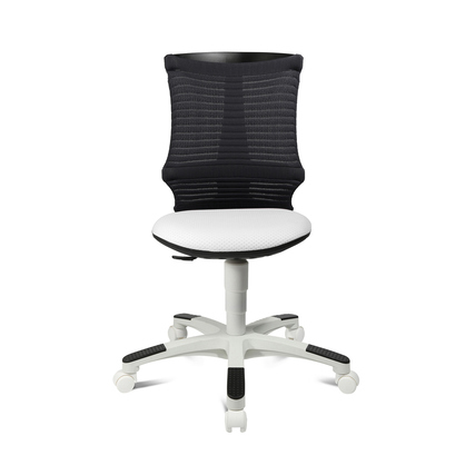 Weißer und dunkelgrauer Kinderdrehstuhl mit ergonomischer Rückenlehne und verstellbarem Sitz.