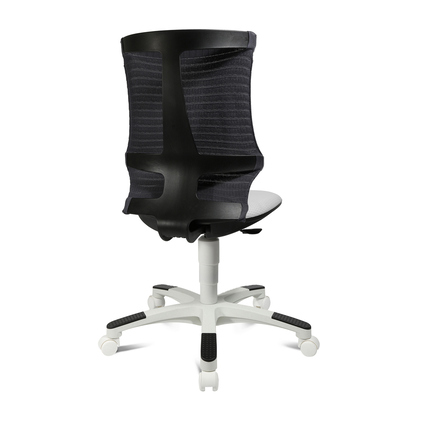 Rückansicht eines weißen und dunkelgrauen Kinderdrehstuhls mit ergonomischer Rückenlehne.