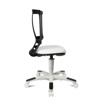 Weißer Kinderdrehstuhl mit ergonomischer Rückenlehne und schwarzem Fußkreuz, seitliche Ansicht.