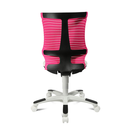 Rückenansicht eines weißen Kinderdrehstuhls mit pinker Rückenlehne und stabilem Fußkreuz.