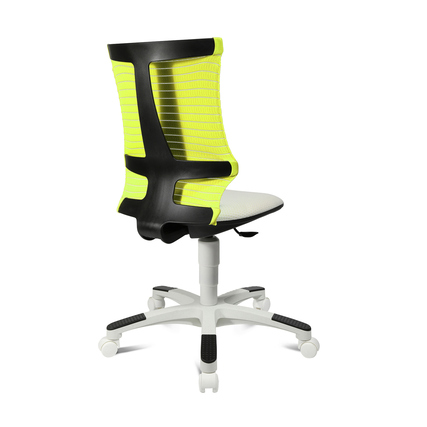 Kinderdrehstuhl in Weiß mit gelber Rückenlehne und schwarzem Fußkreuz, Rückansicht.