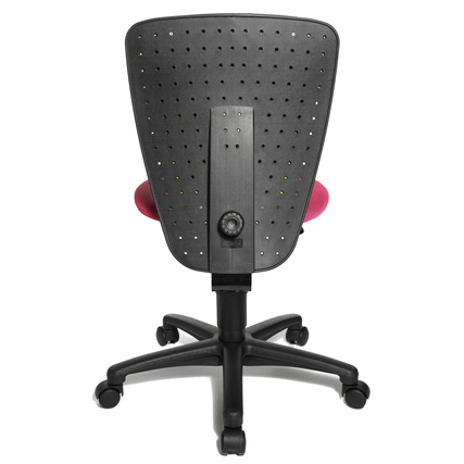 Rückansicht eines bunten Kinderdrehstuhls mit ergonomischer Rückenlehne und Fußkreuz.