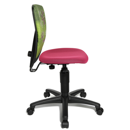 Seitenansicht eines verstellbaren Kinderdrehstuhls mit buntem, ergonomischem Sitz und Rückenlehne.