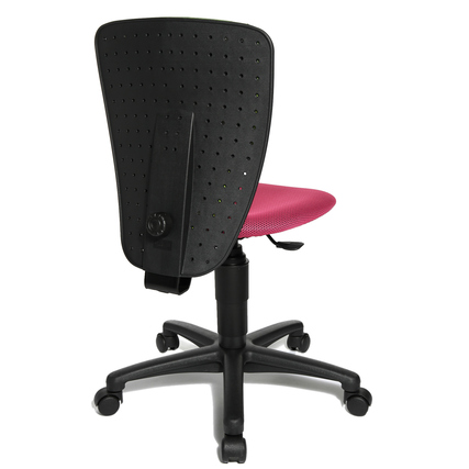 Rückansicht eines ergonomischen Kinderdrehstuhls mit gepolstertem Sitz und stabilen Rollen.