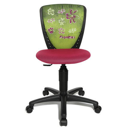 Bunter Kinderdrehstuhl mit ergonomischer Rückenlehne und gepolsterter Sitzfläche.