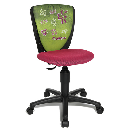 Kinderdrehstuhl mit ergonomischer Rückenlehne und rotem Sitz, verziert mit bunten Blumenmotiven.