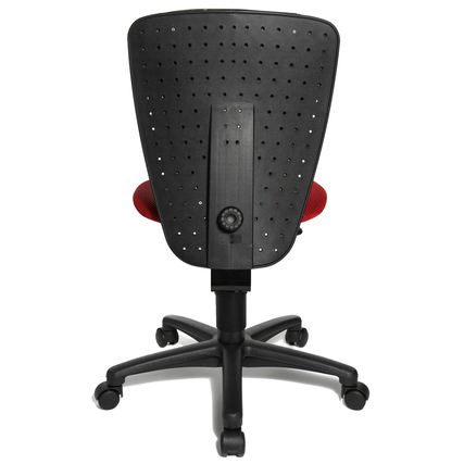 Rückansicht eines roten Kinderdrehstuhls mit ergonomischer Rückenlehne und Fußkreuz.