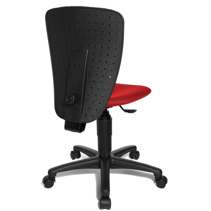 Rückansicht eines roten Kinderdrehstuhls mit ergonomischer Rückenlehne und Fußkreuz.