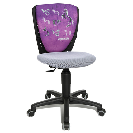 Kinderdrehstuhl mit ergonomischer Rückenlehne und gepolstertem Sitz in lila mit Pferdemotiven.