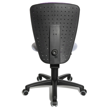 Rückansicht eines ergonomischen Kinderdrehstuhls mit Lochmuster und höhenverstellbarem Mechanismus.