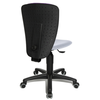 Rückansicht eines ergonomischen Kinderdrehstuhls mit verstellbarem Sitz und Fußkreuz.