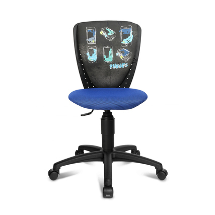 Kinderdrehstuhl mit blauer Sitzfläche und ergonomischer Rückenlehne mit buntem Motivedesign.