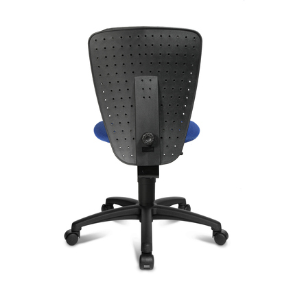 Rückansicht eines blauen Kinderdrehstuhls mit ergonomischer Rückenlehne und Fußkreuz.