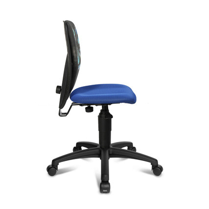 Seitenansicht eines blauen Kinderdrehstuhls mit ergonomischer Rückenlehne und verstellbarem Sitz.