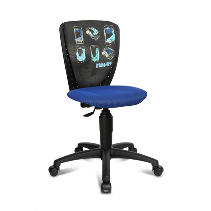 Bunter Kinderdrehstuhl mit ergonomischer Rückenlehne und gepolstertem Sitz in Blau.