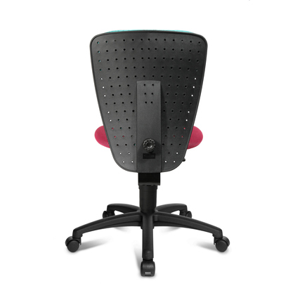 Rückansicht eines ergonomischen Kinderdrehstuhls mit gepolsterter Sitzfläche und Rollen.