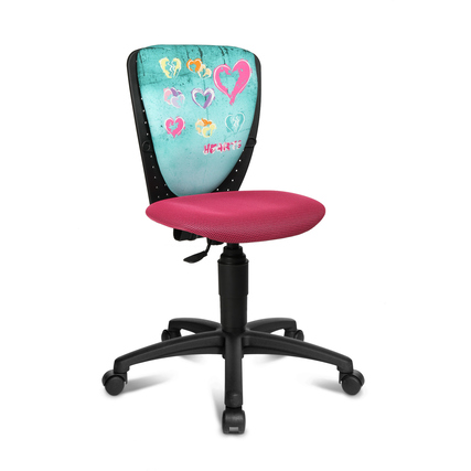 Bunter Kinderdrehstuhl mit ergonomischer Rückenlehne und gepolstertem Sitz.